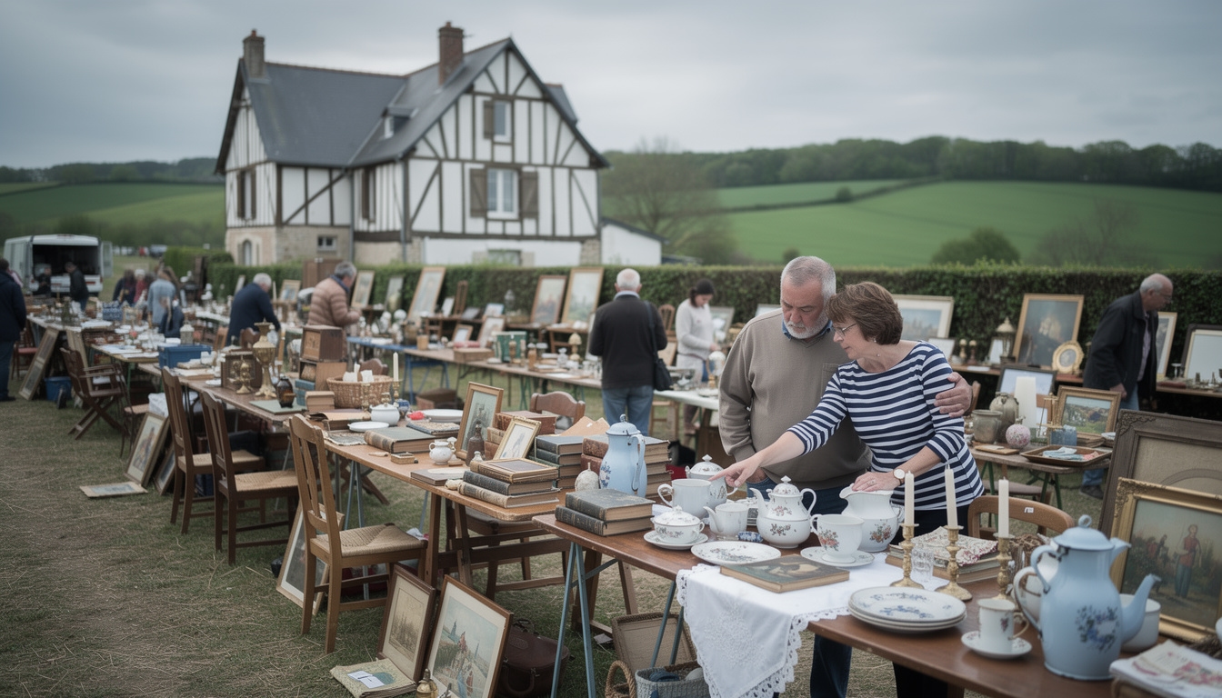 Brocante en plein air en Normandie avec vieilles vaisselles et meubles anciens