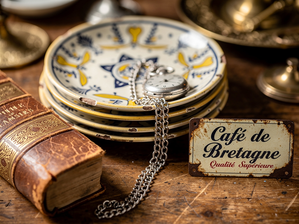 Gros plan sur des objets anciens dans une brocante : vaisselle, livres et bibelots