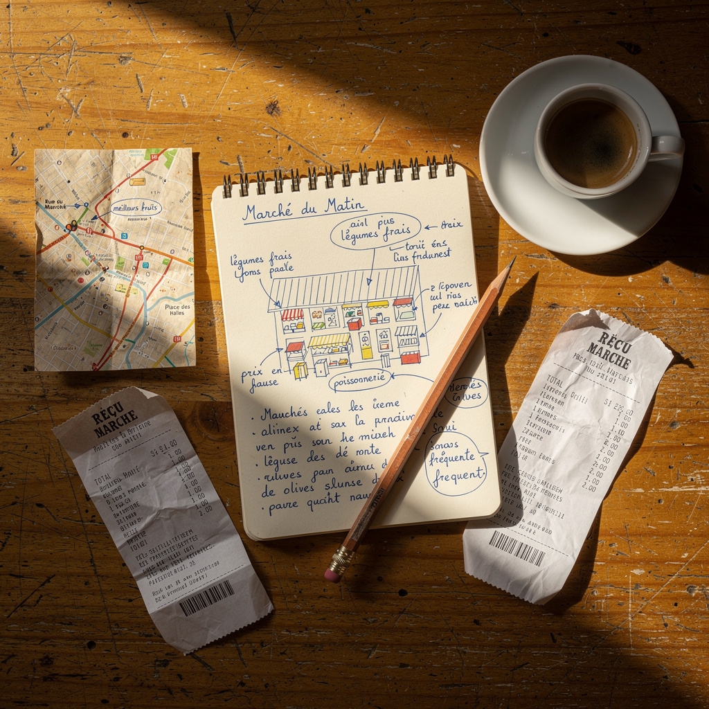 Carnet de notes ouvert sur un marché avec stylo et observations manuscrites