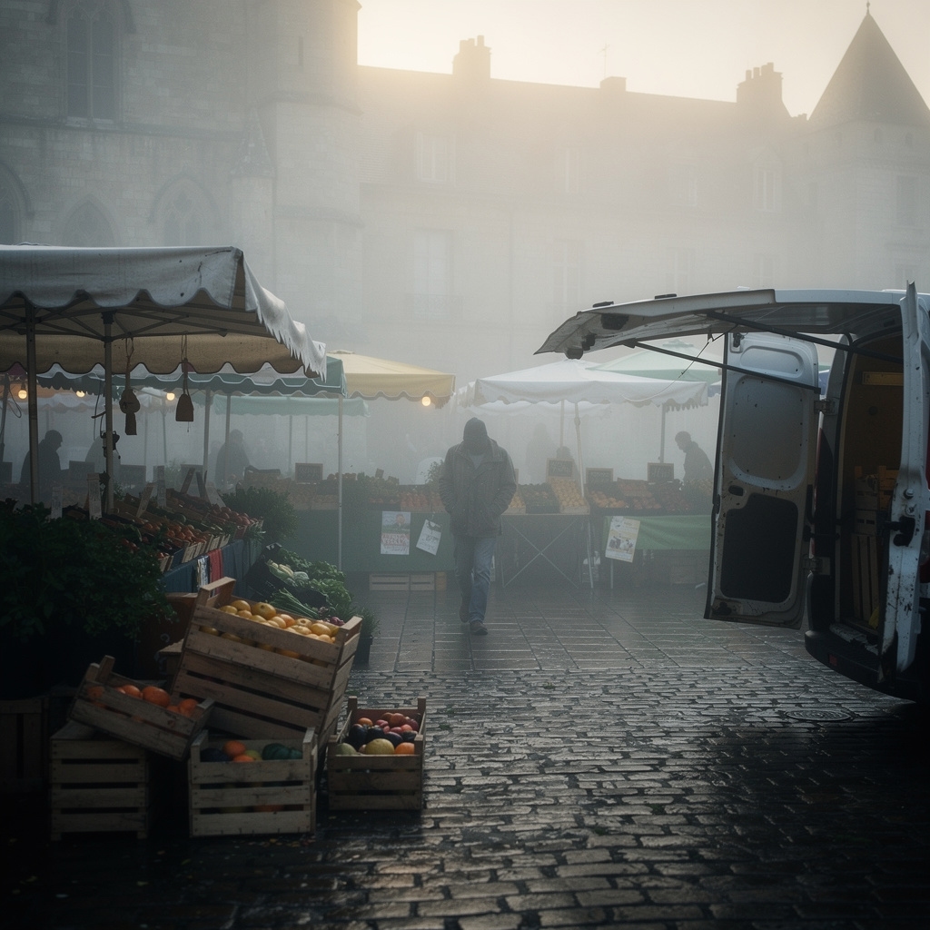 Marché normand au petit matin avec brume légère et premiers acheteurs