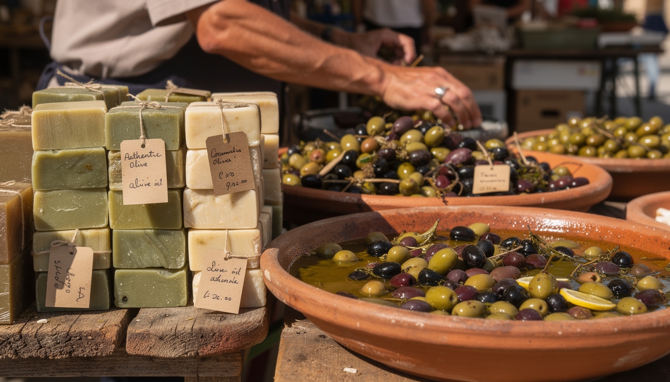 Étal de savons et olives sur un marché provençal avec vendeur et produits locaux