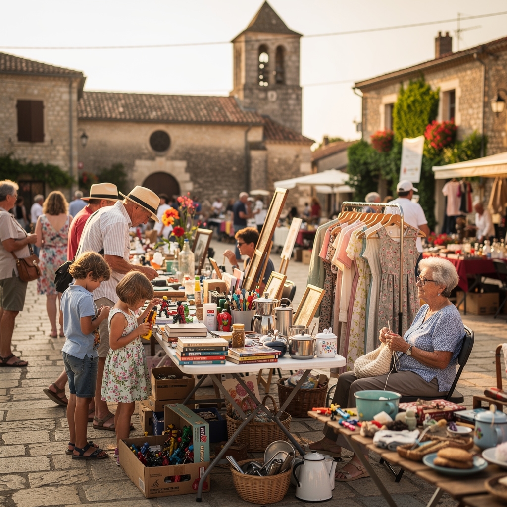 Vide-grenier de village français avec habitants et tables chargées d'objets